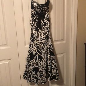 Strapless black and white formal gown.